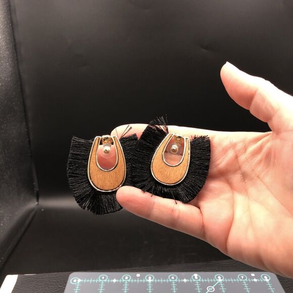 Fringe Earrings Wood Inlay Black Fiber Door knocker Gold Tone Studs - Picture 7 of 7